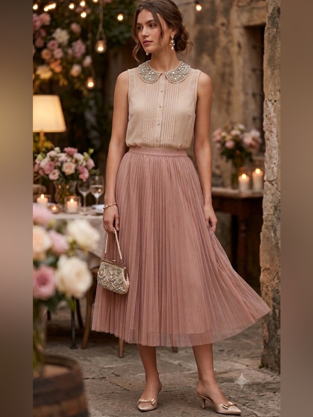 Beaded Collar Blouse Soft Nude Sleeveless Top Romantic Coquette Girl Feminine S